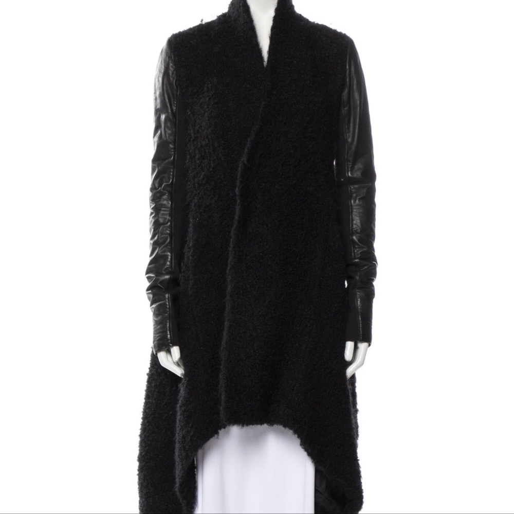 Rick Owens Leather Sleeve Asymmetric Hem Cardigan